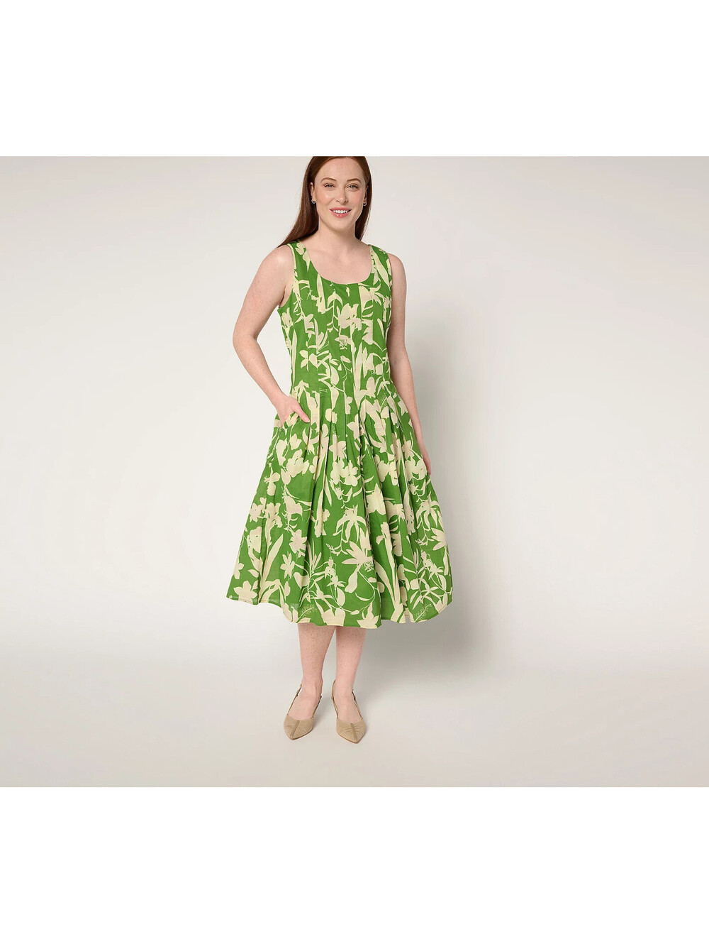 BEAUTIFUL by Lawrence Zarian Amanda Cotton Print Midi Dress Palm Green Petite 14